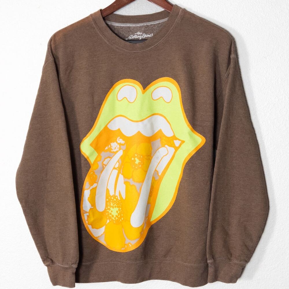 the Rolling Stones Brown Sweatshirt with Yellow & Orange Tongue Graphic
